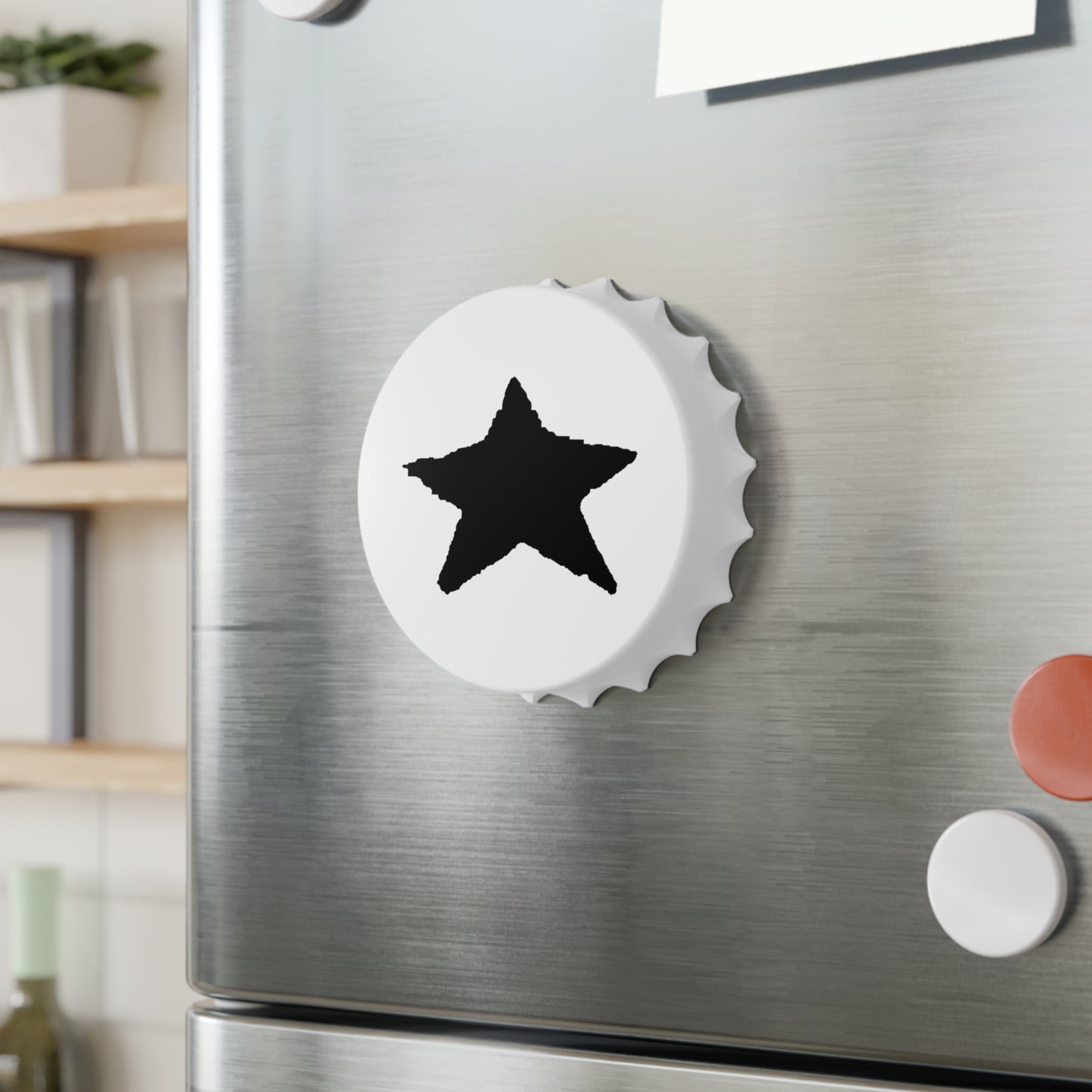 Star Bottle Opener Magnet — 3" Bottle-Cap Shape, Magnetic Back & Dual-Action Opener