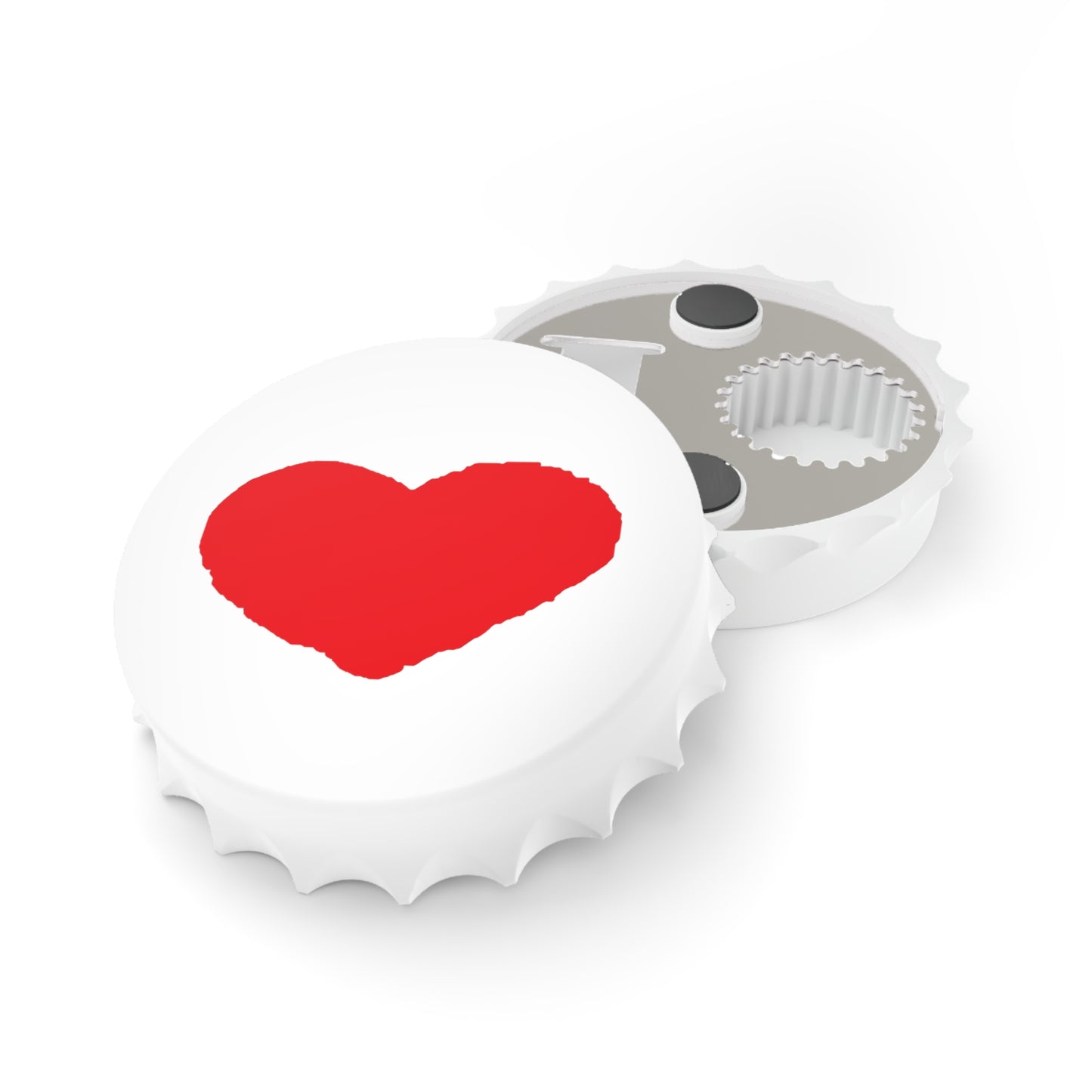 Heart Bottle Opener Magnet — 3" Bottle-Cap Shape, Magnetic Back & Dual-Action Opener