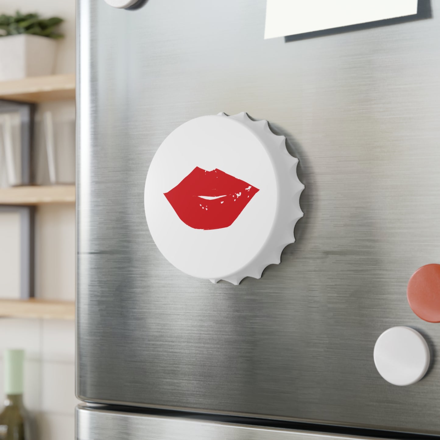 Lips Bottle Opener Magnet — 3" Bottle-Cap Shape, Magnetic Back & Dual-Action Opener