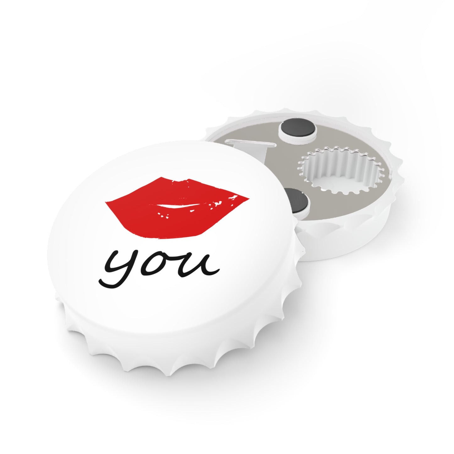 Kiss You Bottle Opener Magnet — 3" Bottle-Cap Shape, Magnetic Back & Dual-Action Opener