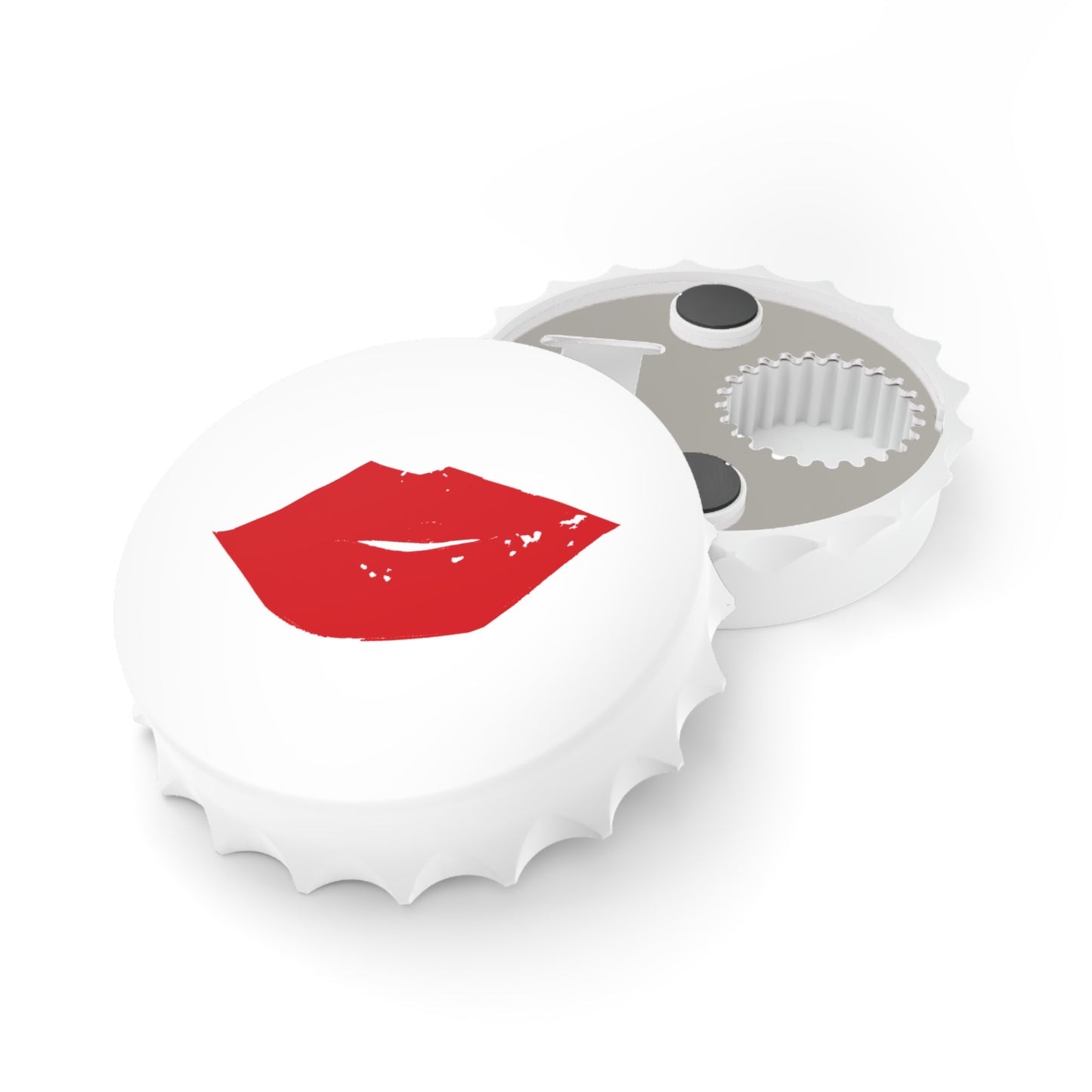 Lips Bottle Opener Magnet — 3" Bottle-Cap Shape, Magnetic Back & Dual-Action Opener