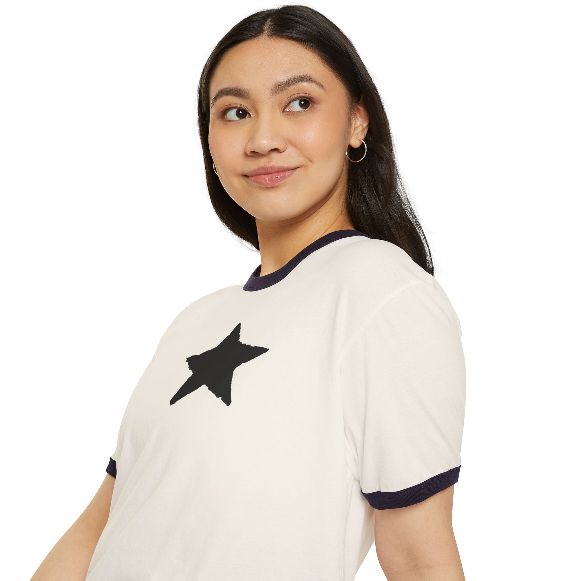 Bone‑colored cotton t‑shirt with a black star graphic on the chest, photographed on a white background.