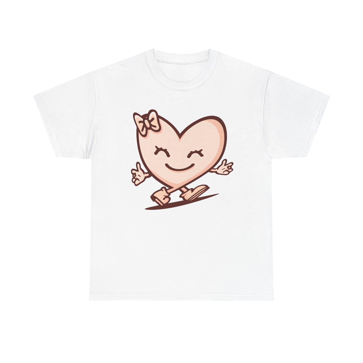 White graphic t-shirt featuring a smiling heart character design, styled with a light blue denim jacket in a casual lifestyle mockup.
