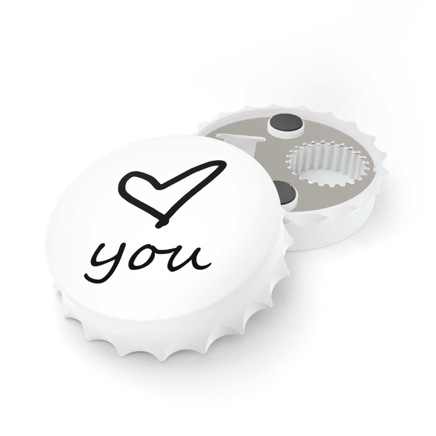 Love You Bottle Opener Magnet — 3" Bottle-Cap Shape, Magnetic Back & Dual-Action Opener (Matte Finish)
