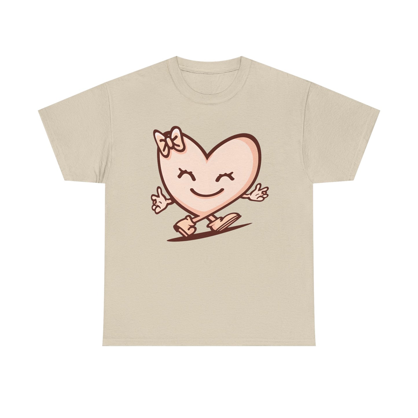 Beige graphic t-shirt featuring a smiling heart character design, styled with a light blue denim jacket in a casual lifestyle mockup.